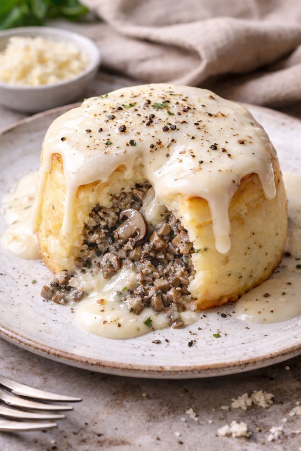 TORTINI DI PATATE CON CUORE DI FUNGHI PORCINI E FONDUTA DI PARMIGIANO